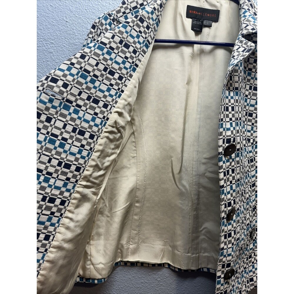 Nina Mclemore Women Blue,White Geometric Pattern Button Front Blazer Jacket Sz 2 - Picture 12 of 16